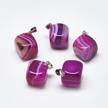 Natural Banded Agate/Striped Agate Pendants, Dyed, with Stainless Steel Snap On Bails, Cube, Stainless Steel Color, Magenta, 24~29x19~25x17~25mm, Hole: 3~4x7~8.5mm