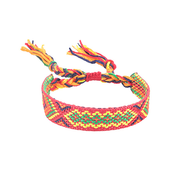 Polyester-cotton Braided Rhombus Pattern Cord Bracelet, Ethnic Tribal Adjustable Brazilian Bracelet for Women, Cerise, 5-7/8~11 inch(15~28cm)