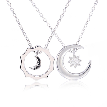 Sun Moon Star Friendship Couple Necklace for 2 Best Friend Necklace for 2 Sun and Moon Matching Couple Necklace Jewelry Gifts for Women Men, Platinum, 16.14inch(41cm) and 18.11inch(46cm)
