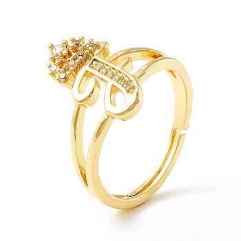Clear Cubic Zirconia Initial Letter with Crown Adjustable Ring, Real 18K Gold Plated Brass Alphabet Ring for Women, Cadmium Free & Lead Free, Letter.F, US Size 6(16.5mm)