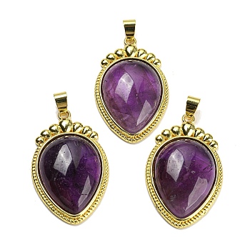 Natural Amethyst Pendants, Carrot Charms with Rack Plating Golden Tone Brass Findings, Lead Free & Cadmium Free, 36.5x22.5x7~7.5mm, Hole: 4x6.5mm