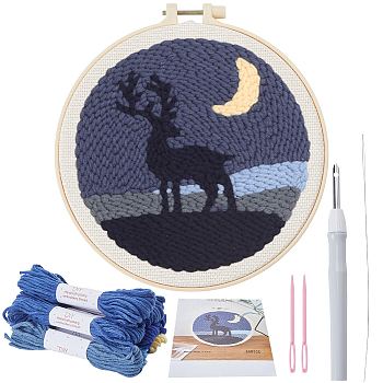 Punch Embroidery Starter Kits, including Embroidery Fabric & Yarn, Needle, Punch Pen, Threader, Embroidery Hoop, Instruction Sheet, Deer, 2.8mm, 8 Bundles