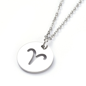 304 Stainless Steel Pendant Necklaces, with Cable Chains and Lobster Claw Clasps, Flat Round with Twelve Constellations, Stainless Steel Color, Aries, 17.7 inch(45cm), 2mm