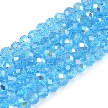 Electroplate Glass Beads Strands, Half Rainbow Plated, Faceted, Rondelle, Deep Sky Blue, 4x3mm, Hole: 0.4mm, about 113~115pcs/strand, 41~41.5cm