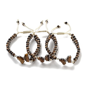 Natural Tiger Eye Braided Round Bead Bracelets, Adjustable Brass Gems Butterfly Bracelets for Women, Inner Diameter: 2-1/8~3-1/4 inch(5.5~8.1cm)