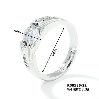 Fashionable Unisex Brass Micro Pave Clear Cubic Zirconia Solitaire Ring, Adjustable Rings, Platinum, Inner Diameter: 18mm