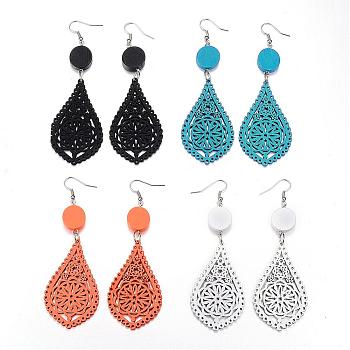 Trendy Teardrop Wood Dangle Earrings, with Platinum Tone Alloy Earring Hooks, Mixed Color, 94~96x32~34mm, pin: 0.8mm