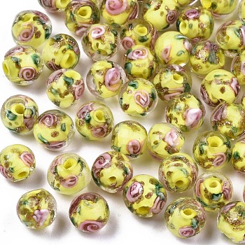 Handmade Gold Sand Lampwork Beads, Inner Flower, Round, Yellow, 8x7~8mm, Hole: 1.4mm