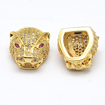 CZ Brass Micro Pave AAA Cubic Zirconia 3D Leopard Head Beads, Lead Free & Nickel Free & Cadmium Free, Real 18K Gold Plated, 14x13x9mm, Hole: 3x2mm