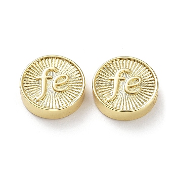 Rack Plating Eco-Friendly Brass Beads, Long-Lasting Plated, Lead Free & Cadmium Free, Flat Round with Word Fe, Real 18K Gold Plated, 13x4mm, Hole: 1.6mm
