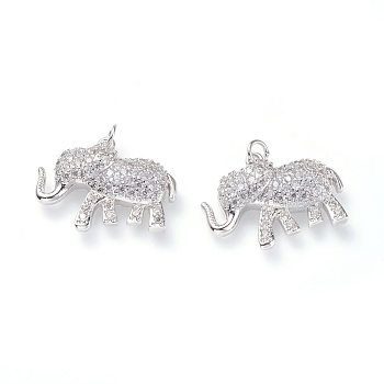 Brass Micro Pave Cubic Zirconia Pendants, with Soldered Jump Rings, Elephant, Clear, Platinum, 14x19x4mm, Hole: 2.2mm