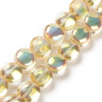 Transparent Electroplate Glass Bead Strands, Half Rainbow Plated, Flat Round, Yellow, 12x8mm, Hole: 1.2mm, about 50pcs/strand, 24.41''(62cm)