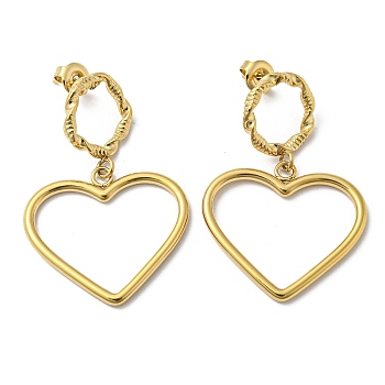 Ion Plating(IP) 304 Stainless Steel Dangle Stud Earrings, Hollow Heart, Real 18K Gold Plated, 43x29mm