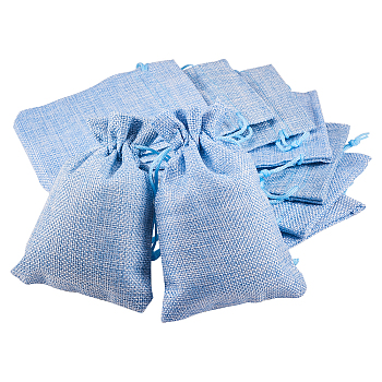 Burlap Packing Pouches Drawstring Bags, Light Sky Blue, 14x10cm