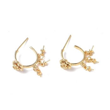 Brass Clear Cubic Zirconia Stud Earring Findings, with Three Cup Peg Bails and 925 Sterling Silver Pins, Half Ring with Flower, Real 18K Gold Plated, 25x8mm, Pin: 0.8mm