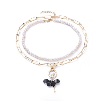 Pendant & Beaded Necklaces Sets, with Natural Pearl, Alloy Resin Pendants, Iron Paperclip Chains, 304 Stainless Steel Lobster Claw Clasps & Toggle Clasps, Ballet Girl, Black, 17.44 inch(44.3cm), 13.3 inch~14.88 inch(33.8~37.8cm), 2pcs/set