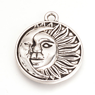 Tibetan Style Alloy Pendants, Flat Round with Moon and Sun, Cadmium Free & Lead Free, Antique Silver, 29x25x3mm, Hole: 2.5mm, about 225pcs/1000g(TIBEP-Q064-116AS-RS)