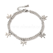 304 Stainless Steel Dragonfly Charm Bracelet with 201 Stainless Steel Round Beads for Women, Stainless Steel Color, 8-3/4 inch(22.2cm)(BJEW-B057-22P)