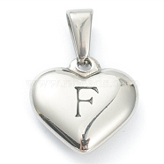 304 Stainless Steel Pendants, Heart with Black Letter, Stainless Steel Color, Letter.F, 16x16x4.5mm, Hole: 7x3mm(STAS-P278-01F-P)