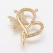 Brass Micro Pave Cubic Zirconia Pendants, Heart with Butterfly, Real 18K Gold Plated, 21.5x19x2.5mm, Hole: 1mm(ZIRC-G104-13G)