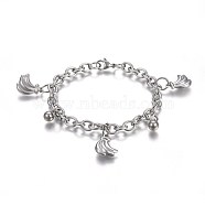 304 Stainless Steel Charm Bracelets, with 201 Stainless Steel Ring, with Lobster Claw Clasps, Round and Banana, Stainless Steel Color, 7-1/2 inch(19cm), Charm: 8.5x6mm and 16x12mm(BJEW-L637-25-P)