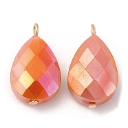 Imitation Jade Glass Pendants, with Golden Brass Loops, Faceted, Teardrop Charms, Dark Orange, 22~23x13x7.5~9mm, Hole: 1.5~2mm(KK-Q777-02G-05)