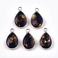 Fan Assembled Synthetic Bronzite and Lapis Lazuli Pendants, with Iron Loop and Brass Edge, Light Gold, 22~23x14x5~6mm, Hole: 2mm(G-N330-022-B01)