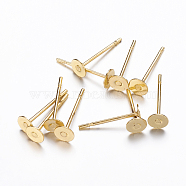 Stud Earring Findings, Lead Free and Cadmium Free, Brass Heads and Stainless Steel Pins, Golden Color, Size: about 12mm long, 0.6mm thick, Head: about 4mm in diameter(X-KK-C2904-G)