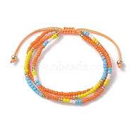 Adjustable Glass Seed Beaded Triple Layer Multi-strand Bracelet, Nylon Cord Braided Bead Bracelets, Orange, Inner Diameter: 2-3/8~3-1/2 inch(5.9~8.9cm)(BJEW-MZ00048-04)