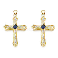 Brass Micro Pave Cubic Zirconia Pendants, with Brass Snap on Bails, Real 18K Gold Plated, Nickel Free, Cross, Dark Blue, 35.5x24x5.5mm, Hole: 3x5mm(KK-N227-86D)