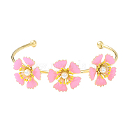 Alloy Flower with Imitation Pearl Beaded Open Cuff Bangle for Women, Pink, Inner Diameter: 1-7/8x2-3/8 inch(4.8cm)(BJEW-D054-02G-01)