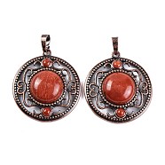 Natural Red Jasper Pendants, Rack Plating Brass Hollow Flat Round Charms, Cadmium Free & Lead Free, Red Copper, 36.5x33x9.5mm, Hole: 7.5x5mm(G-Q158-03-13)