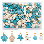 90Pcs 6 Styles Synthetic Howlite & Turquoise Dyed Pendants, with Golden Tone Iron Loops, Round & Turtle & Starfish Charms, 13~22x8~15x5.5~8mm, Hole: 3mm, 90pcs/set(PALLOY-AB00122)