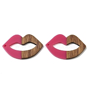 Resin and Walnut Pendants, Lip, for Valentine's Day Gift, Camellia, 23.5x37.5x3mm, Hole: 2mm(WOOD-I013-04B)