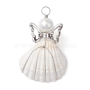 Copper Wire Wrapped Shell Pendants, Angel Charms with Glass Pearl Beads & Alloy Wings, Antique Silver & Platinum, 40x25.5x12mm, Hole: 4.2mm(PALLOY-JF02709-04)