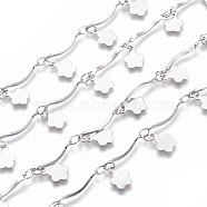 Handmade 304 Stainless Steel Scalloped Bar Link Chains, Soldered, with Flower Charms and Card Paper, Stainless Steel Color, Bar Link: 16x2x3mm, Flower: 8x6x0.5mm, about 16.4 Feet(5m)/card(CHS-L024-009P)