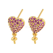 Rack Plating Brass Micro Pave Hot Pink Cubic Zirconia Stud Earring Finding, Cadmium Free & Lead Free, Long-Lasting Plated, Heart, Real 18K Gold Plated, 10x9mm, Pin: 11x1mm(EJEW-C102-05G-02A)