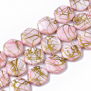 Drawbench Freshwater Shell Beads Strands, Dyed, Hexagon, Pearl Pink, 18~20x17.5~18.5x3.5~5.5mm, Hole: 1mm, about 21pcs/Strand, 15.16 inch~15.98 inch(X-SHEL-T014-013G)