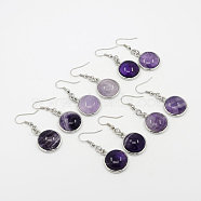 Fashion Natural Amethyst Earrings, with Brass Earring Hooks, Half Round/Dome, 44~45x18~19mm, Pin: 0.6mm(EJEW-E003-1)