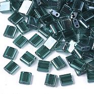 2-Hole Glass Seed Beads, Transparent Colours Luster, Rectangle, Teal, 5x4.5~5.5x2~2.5mm, Hole: 0.5~0.8mm(SEED-S023-36C-02)