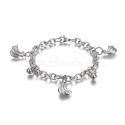 Tarnish Resistant 304 Stainless Steel Charm Bracelets, with 201 Stainless Steel Ring, with Lobster Claw Clasps, Round and Banana, Stainless Steel Color, 7-1/2 inch(19cm), Charm: 8.5x6mm and 16x12mm(BJEW-L637-25-P)