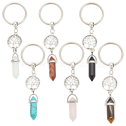 6Pcs 6 Style Bullet Shape Natural & Synthetic Gemstone Pendant Keychain with Tree of Life, for Woman Bag Decoration Accessories, 10.5~10.7cm, 1pc/style(KEYC-DR0001-01)