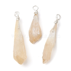 Electroplated Natural Quartz Crystal Dyed Pendants, Teardrop Charms with Silver Color Plated Copper Wire Loops, Wheat, 30~38x9.5~15x7~11mm, Hole: 4mm(PALLOY-JF02324-01)