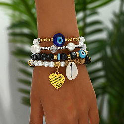 Fashionable Real 18K Gold Plated Eye Beaded Bracelet Set, Shell Charm Stretch Bracelets for Women(TS4937)