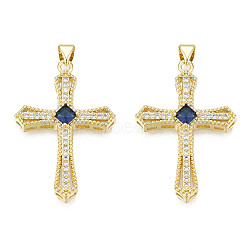 Brass Micro Pave Cubic Zirconia Pendants, with Brass Snap on Bails, Real 18K Gold Plated, Nickel Free, Cross, Dark Blue, 35.5x24x5.5mm, Hole: 3x5mm(KK-N227-86D)