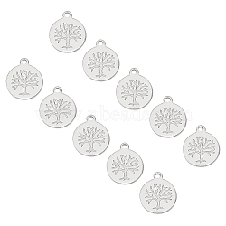 201 Stainless Steel Charms, Flat Round with Tree of Life, Stainless Steel Color, 13.5x11.5x0.5mm, Hole: 1mm, 20pcs/box(STAS-UN0013-50P)