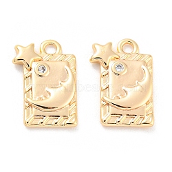 Brass Micro Pave Cubic Zirconia Charms, Rectangle with Moon, Real 18K Gold Plated, 12.5x8.5x1.8mm(KK-E090-09G)