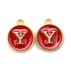 Golden Plated Alloy Enamel Charms, Cadmium Free & Lead Free, Enamelled Sequins, Flat Round, Red, Letter.Y, 14x12x2mm, Hole: 1.5mm(ENAM-S118-03Y)