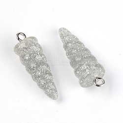 Resin Pendants, with Platinum Iron Peg Bail, Glitter Powder, Unicorn Horn, Silver, 29x10x9.5mm, Hole: 1.8mm(RESI-WH0014-45C)