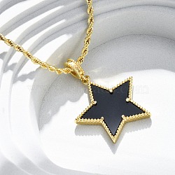 Brass Enamel Star Pendant Necklaces for Women, Real 18K Gold Plated, Black, 16.30 inch(41.4cm)(NJEW-K381-09G-01)